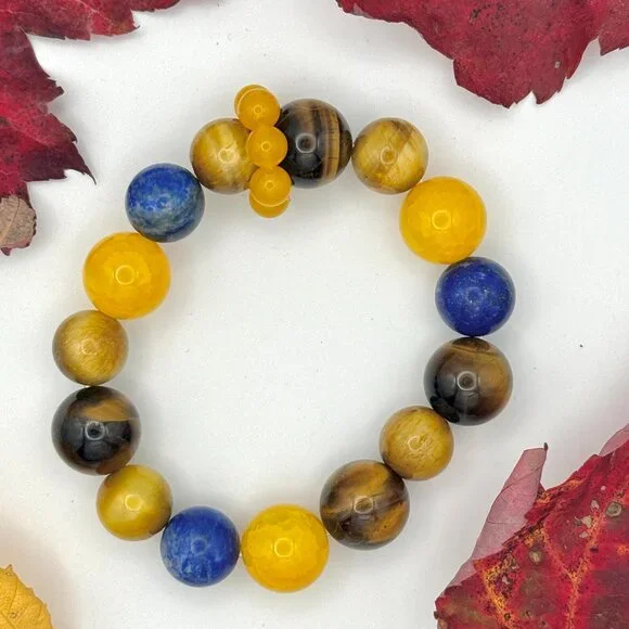 Energy Balance Bracelet Yellow Agate Tiger Eye and Lapis Lazuli Stretch Bracelet - Picture 4 of 5